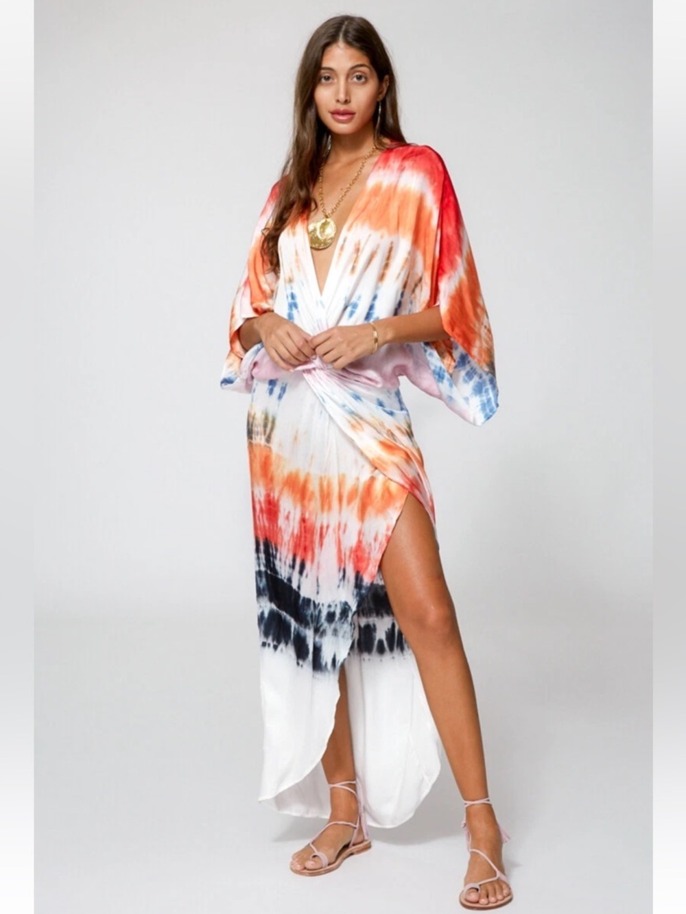 Young Fabulous & Broke Tie-Dye Maxi Dress with Deep V and Side Slit Sz Small